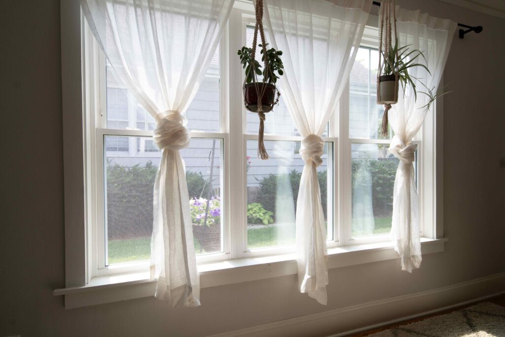 windows surrounded by curtains and hanging plants